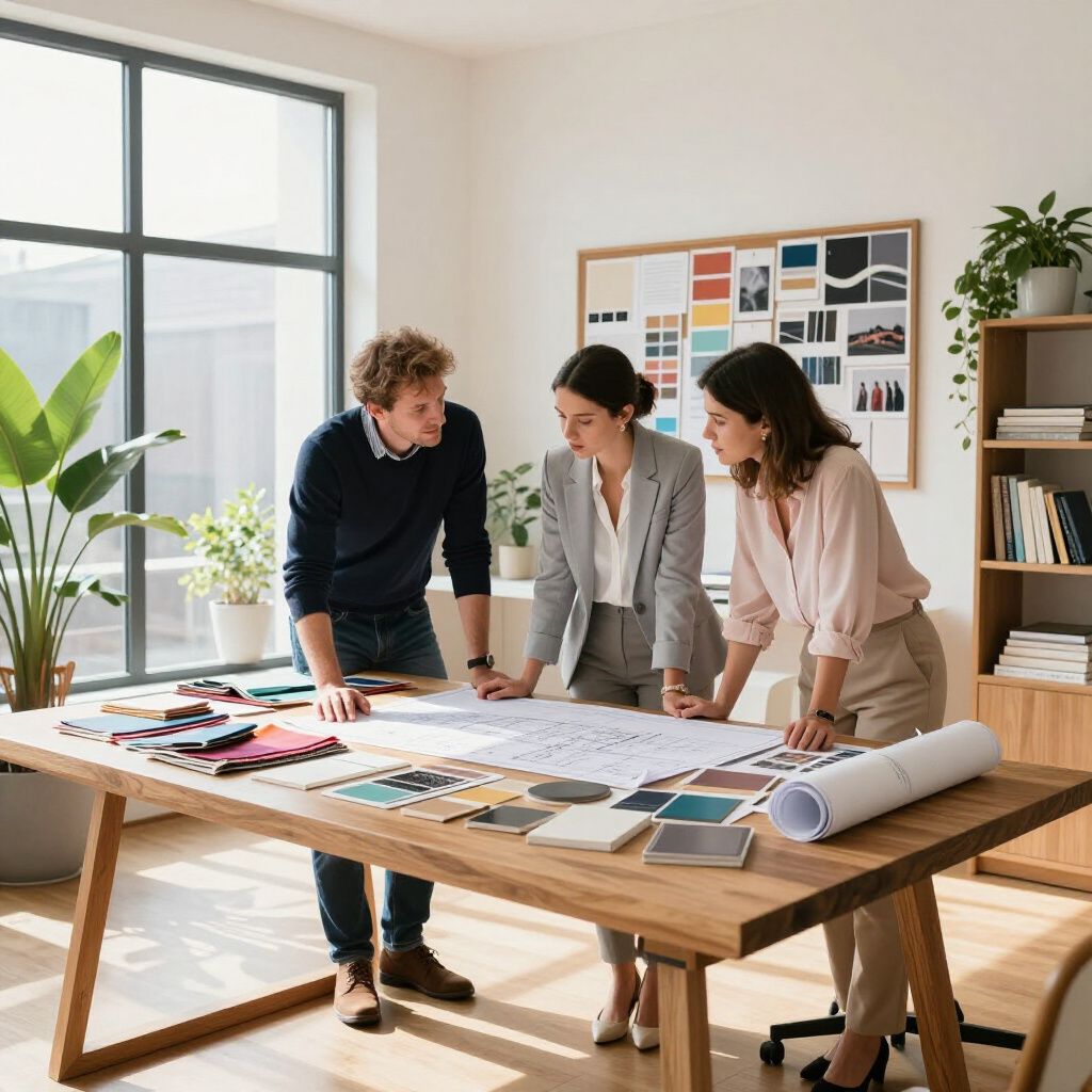 Three coworkers reviewing design boards and samples at a sunlit table in a modern office