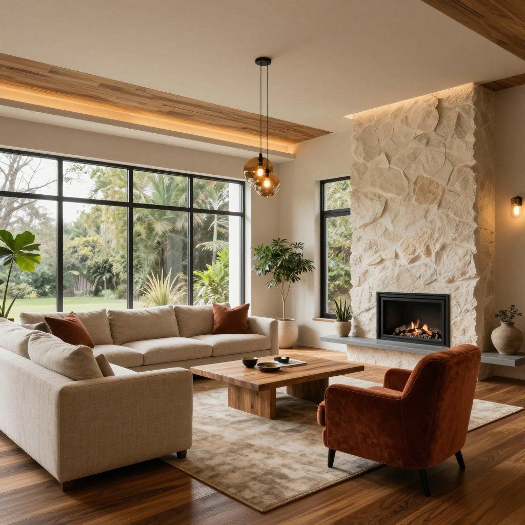 Modern living room with beige sectional, orange chair, stone fireplace, and large windows overlooking greenery