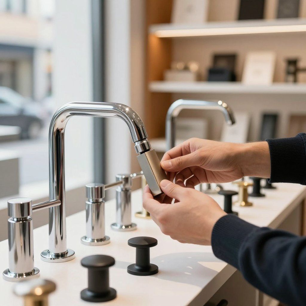 Hands installing a chrome faucet in a showroom display sink