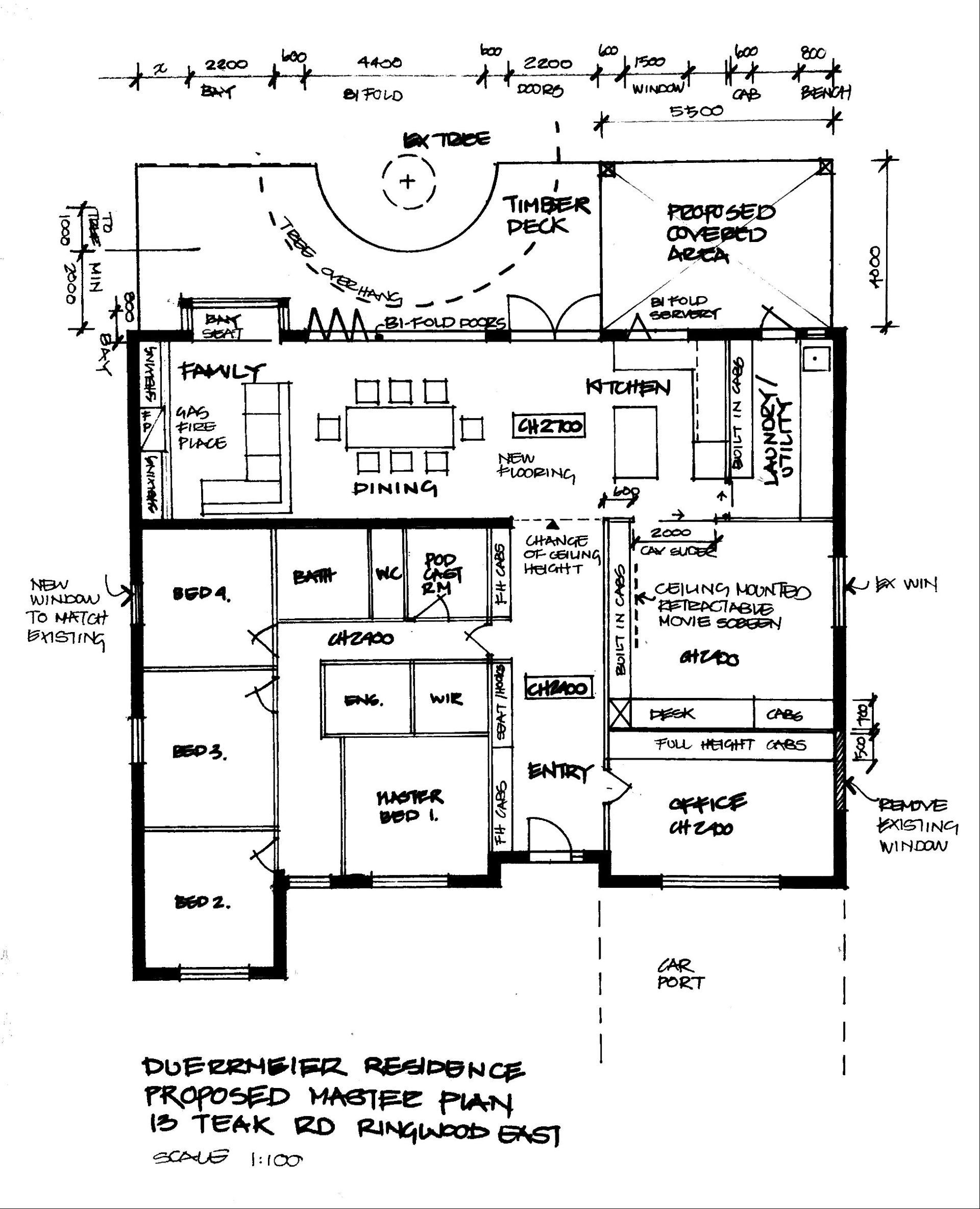 Hand-drawn floor plan of a residential home interior with labeled rooms and measurements. By Plan Interior Architecture