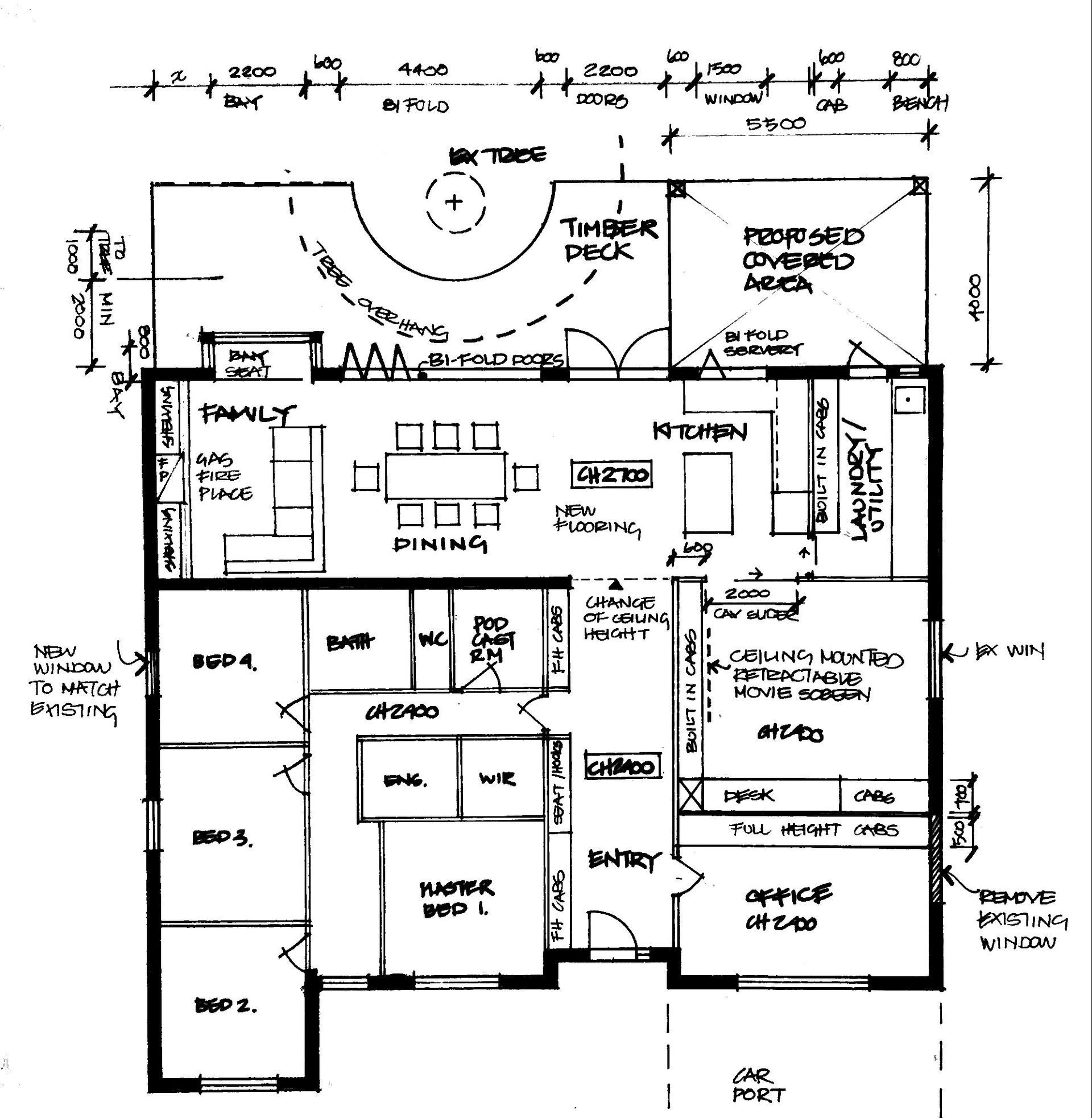 Hand-drawn black-and-white house floor plan with labeled rooms, dimensions, and patio areas by Plan Interior Architecture