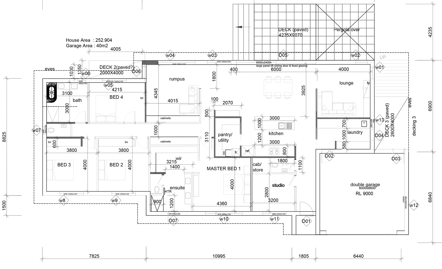 Black-and-white architectural floor plan with labeled rooms, dimensions, and garage. By Plan Interior Architecture