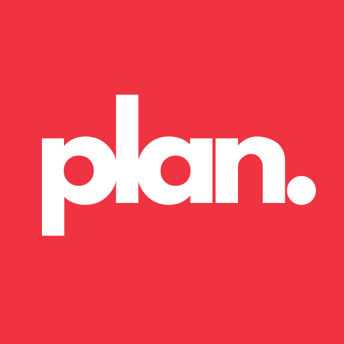 A red background with the word plan in white letters
