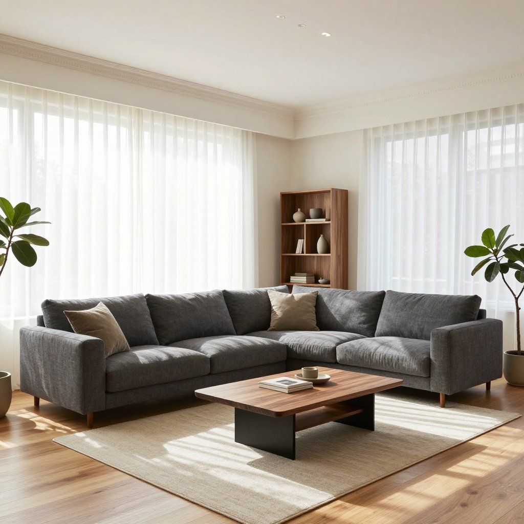 Modern living room with a gray sectional sofa, wooden coffee table, and large windows with sheer curtains