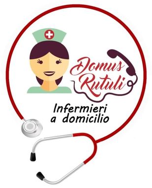 Logo con infermiera stilizzata, stetoscopio e testo “Domus Rutuli – Infermieri a domicilio” su sfondo bianco.