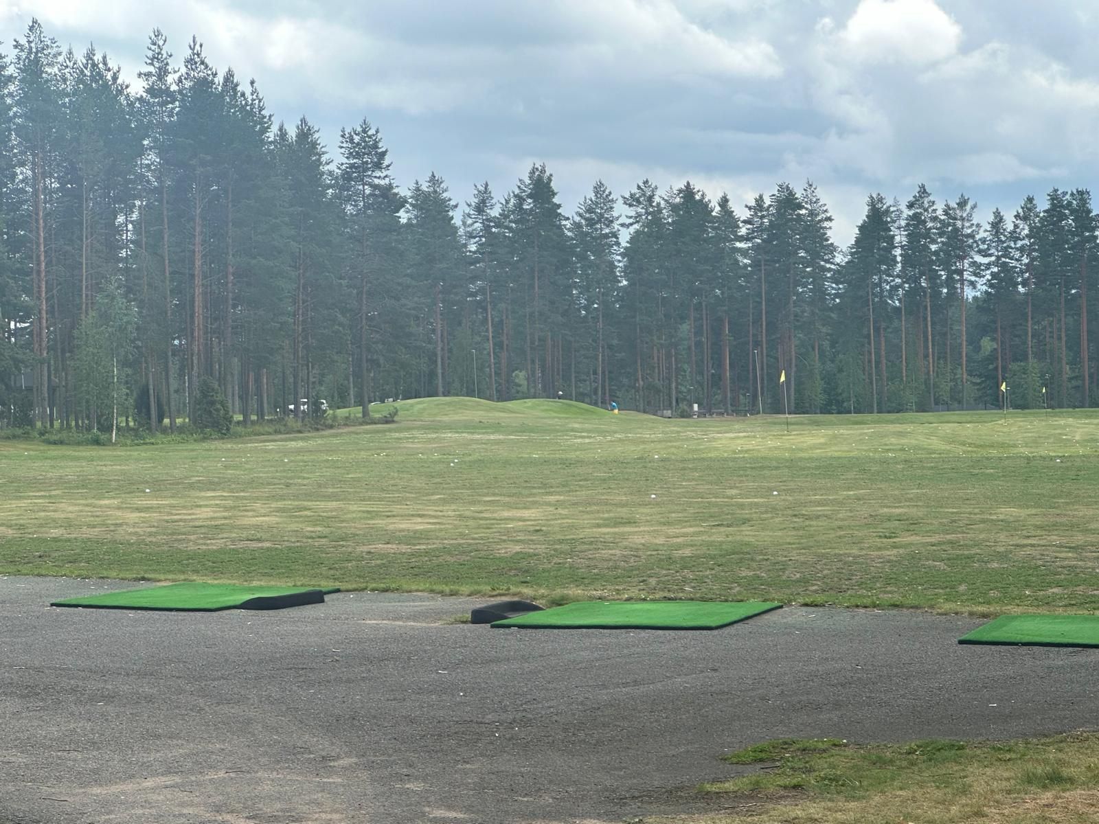 A golf course with a lot of trees in the background