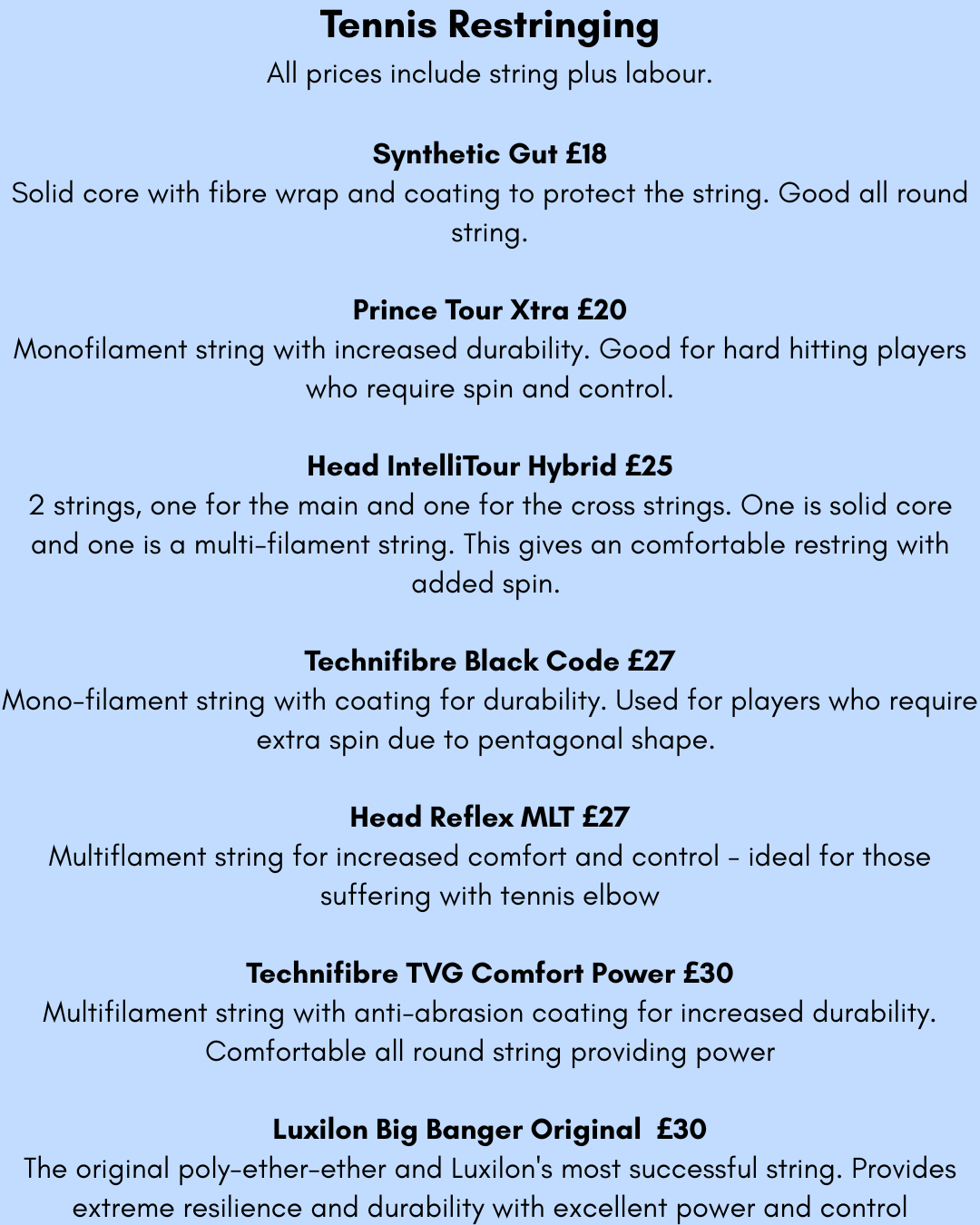Tennis racket restringing costs