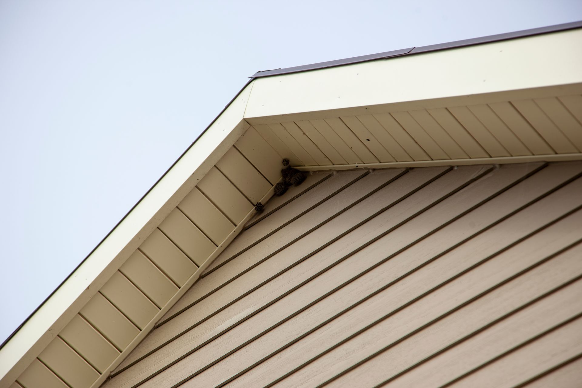 Close-up of beige house siding and roof eaves against a pale blue sky
