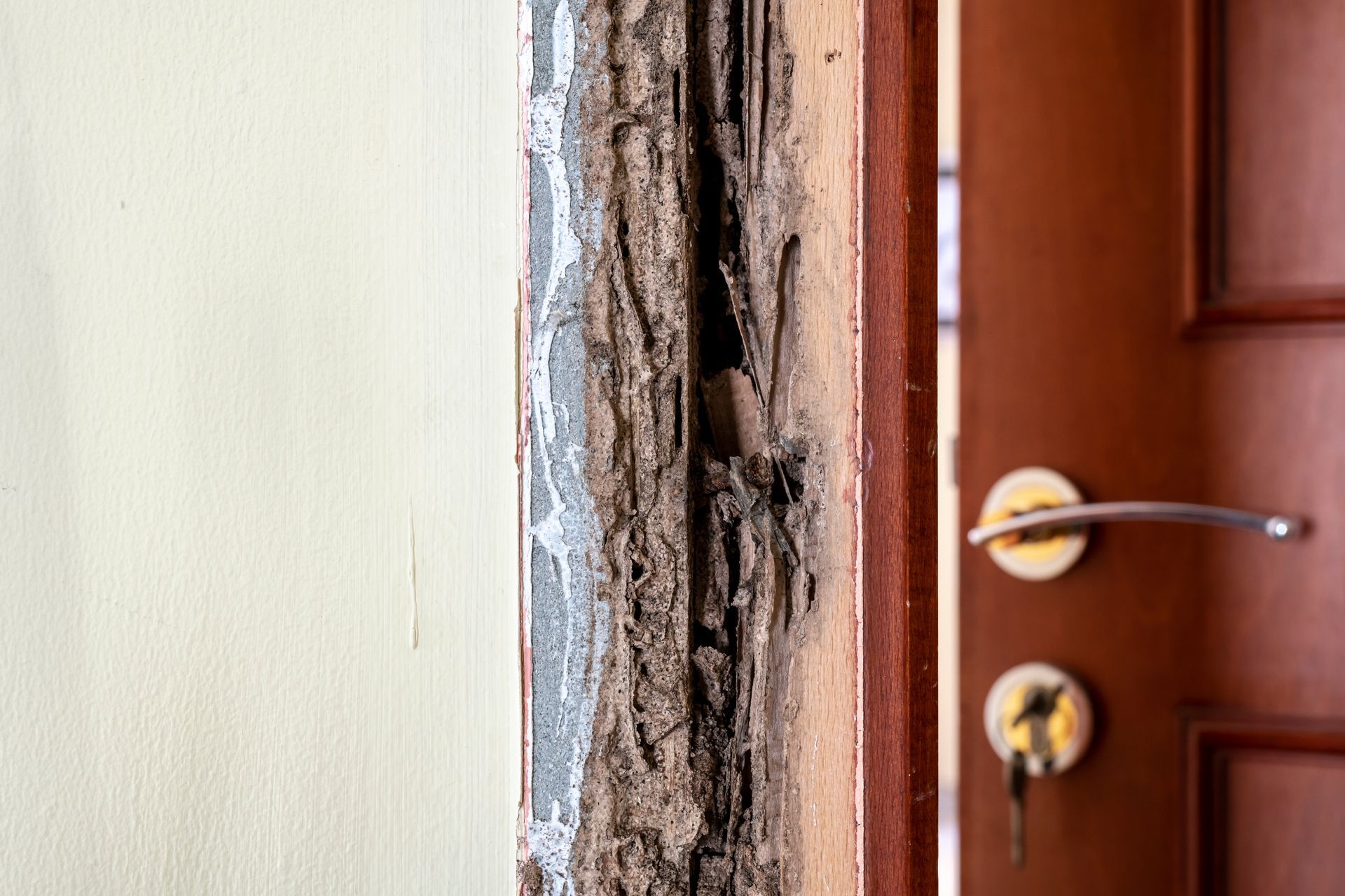 Damaged wall beside a wooden door with a silver handle and lock