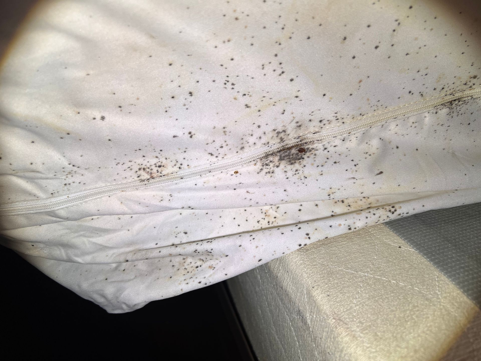 Dirty white fabric with scattered black specks and a dark stain near the center.