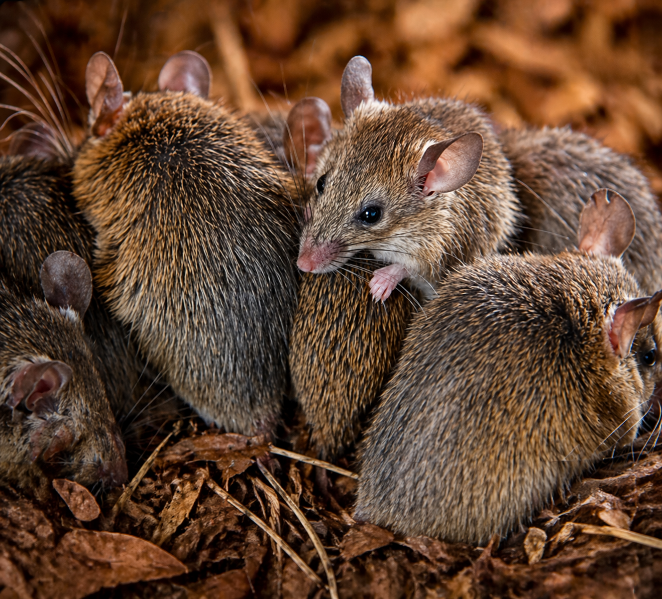 Four small brown mice huddled together on dry leaves, one licking its paw