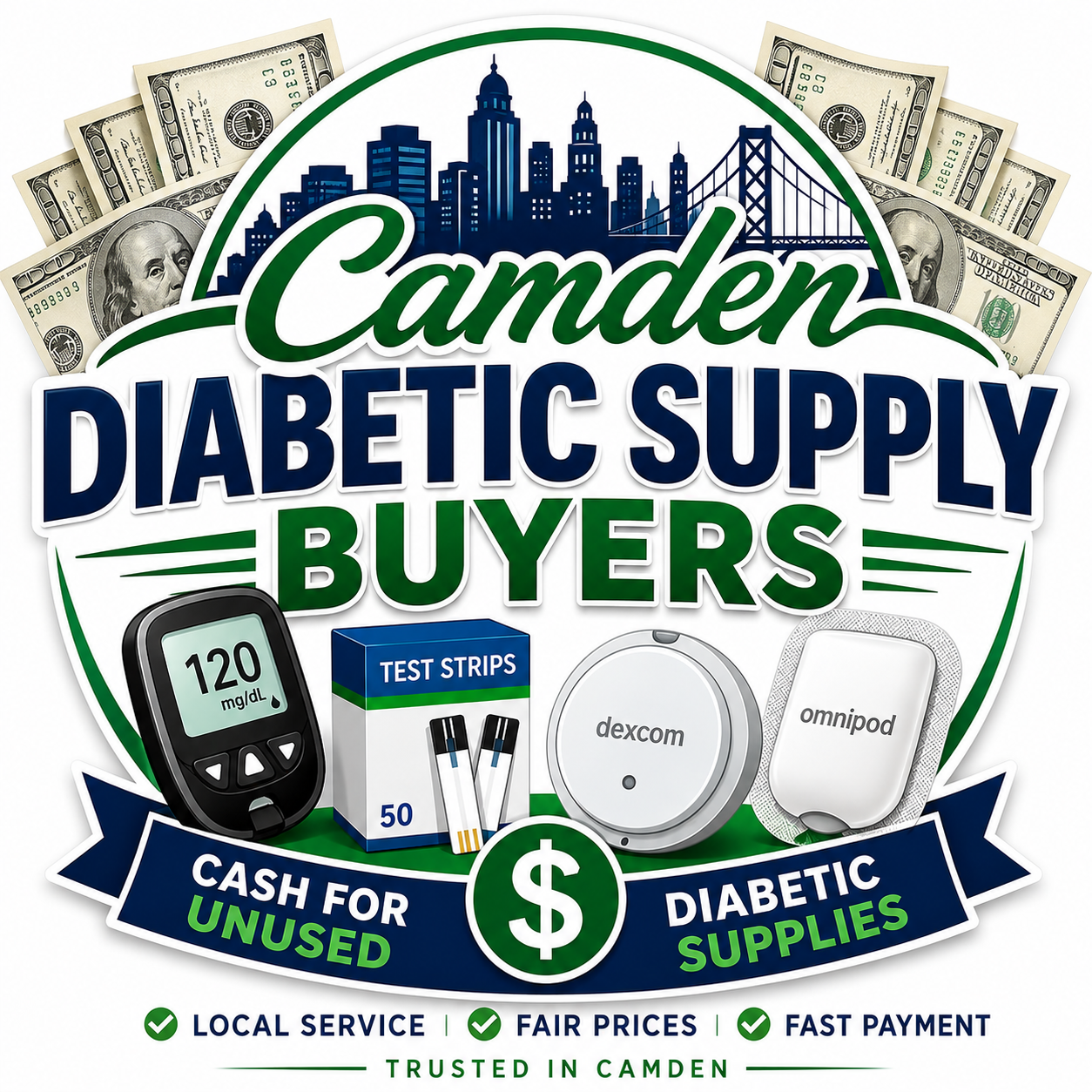 Camden Diabetic Supply Buyers logo with glucose meter, test strips, cash-for-unused and diabetic supplies icons
