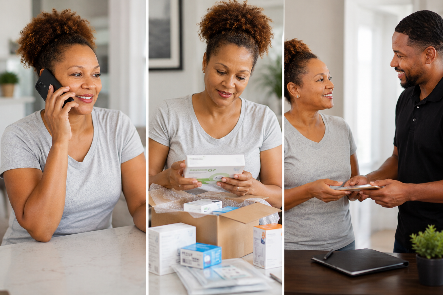 Person on a phone, opening a package, and exchanging a receipt with a man across a counter.