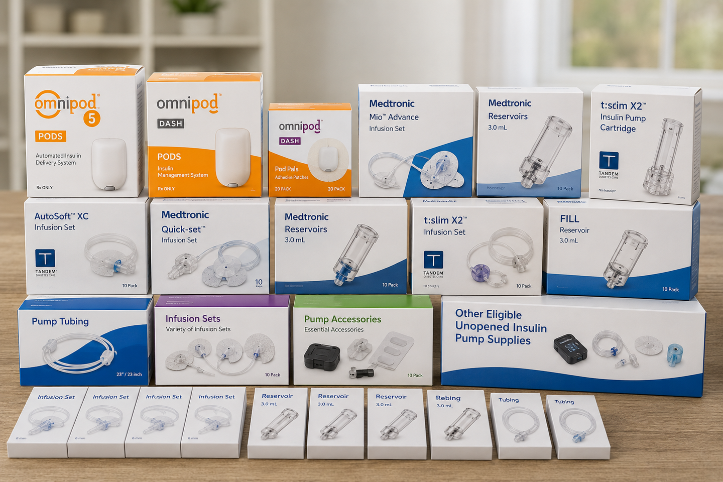 Assorted electronic product boxes and accessories arranged in rows on a wooden table.