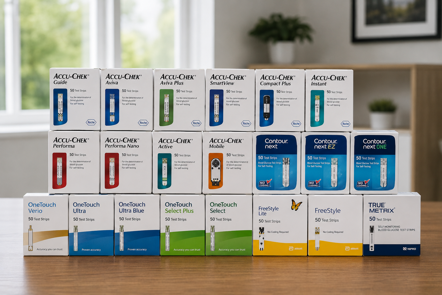 Assorted Aisle-style product boxes and bottles arranged in rows on a table in a bright room.