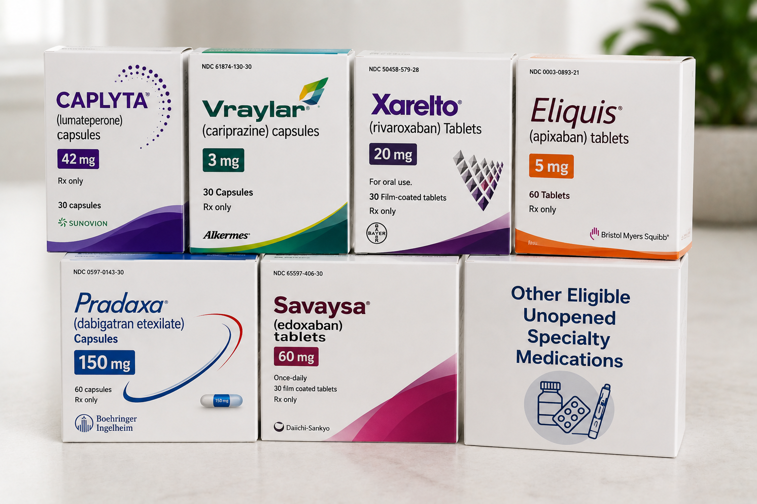 Assorted prescription medication boxes displayed in two rows on a white surface