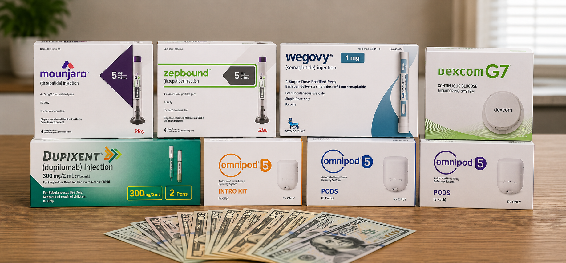 Assorted medicine boxes arranged on a table with a fan of cash bills in front