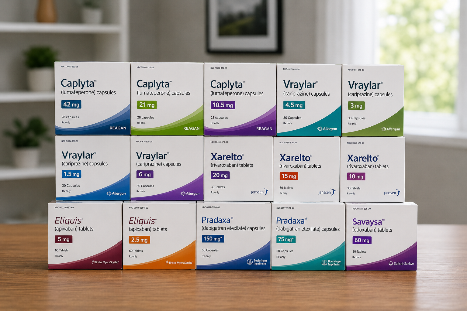 Stack of colorful medication boxes arranged on a table in a bright room