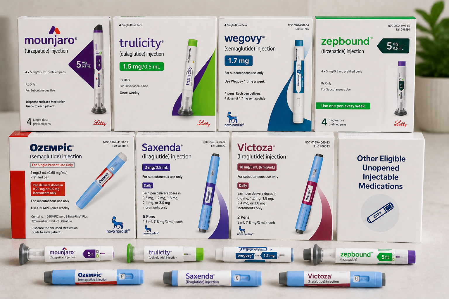Assorted diabetes and weight-loss injectable medication boxes and pens arranged on a white surface.