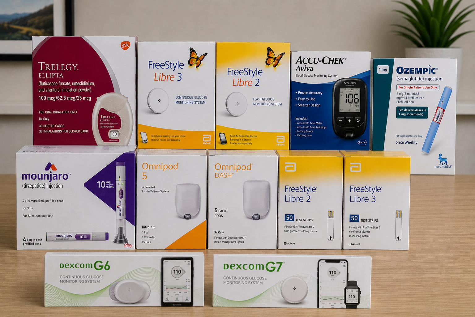 Assorted diabetes devices and medication boxes arranged on a table with a plant in the background