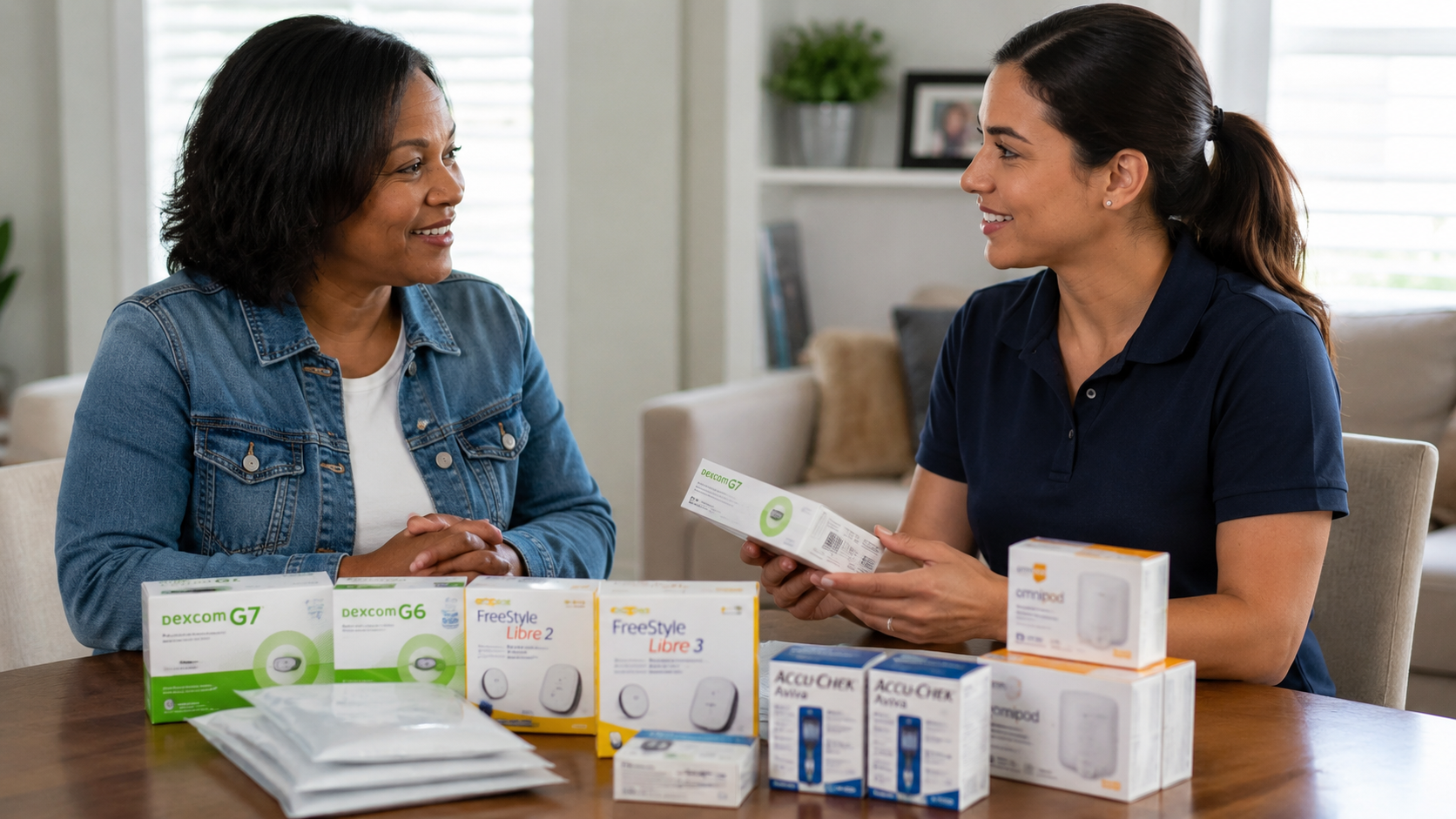Two women reviewing product boxes at a table in a bright living room