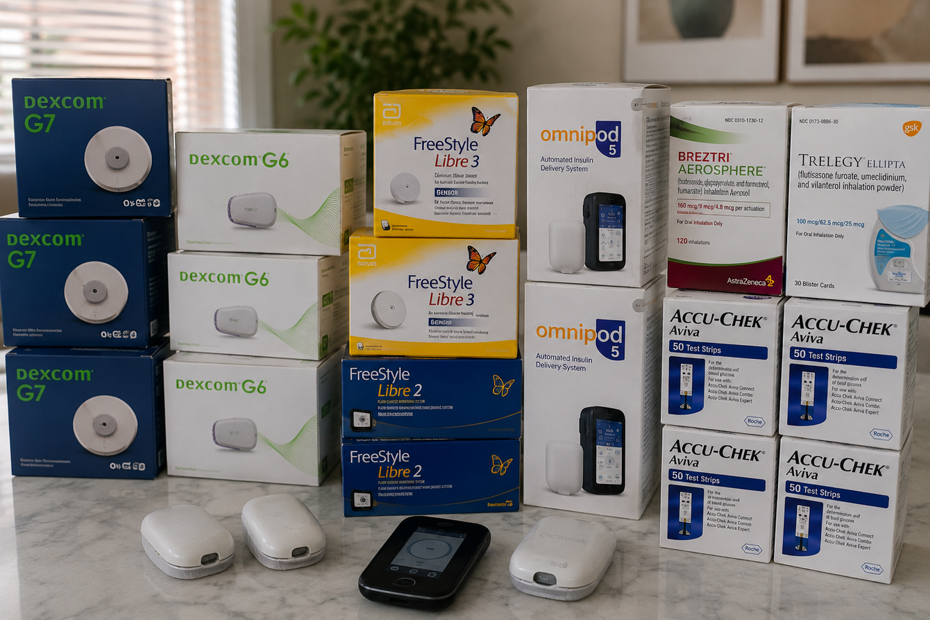 Assorted DEXCOM G6 and blood glucose devices and boxes arranged on a table with sensors and a meter
