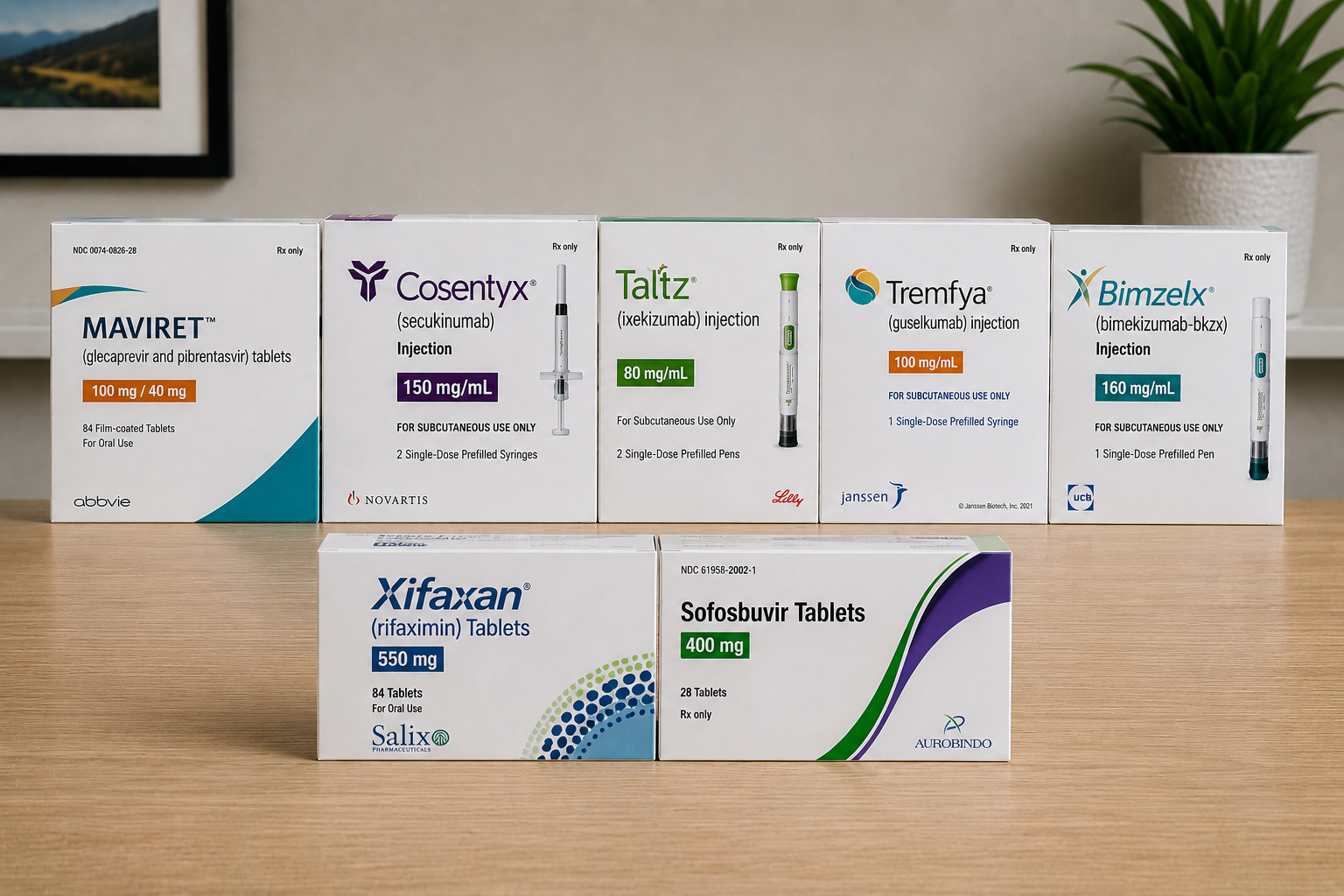 Seven medicine boxes lined up on a wooden table, with a small plant in the background.