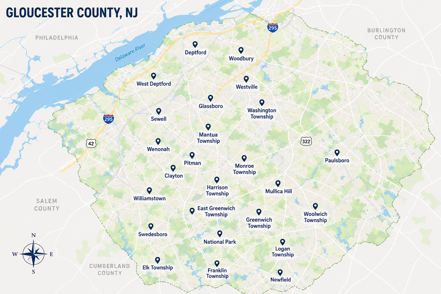 Map of Gloucester County, NJ with towns, roads, and parks marked in green.