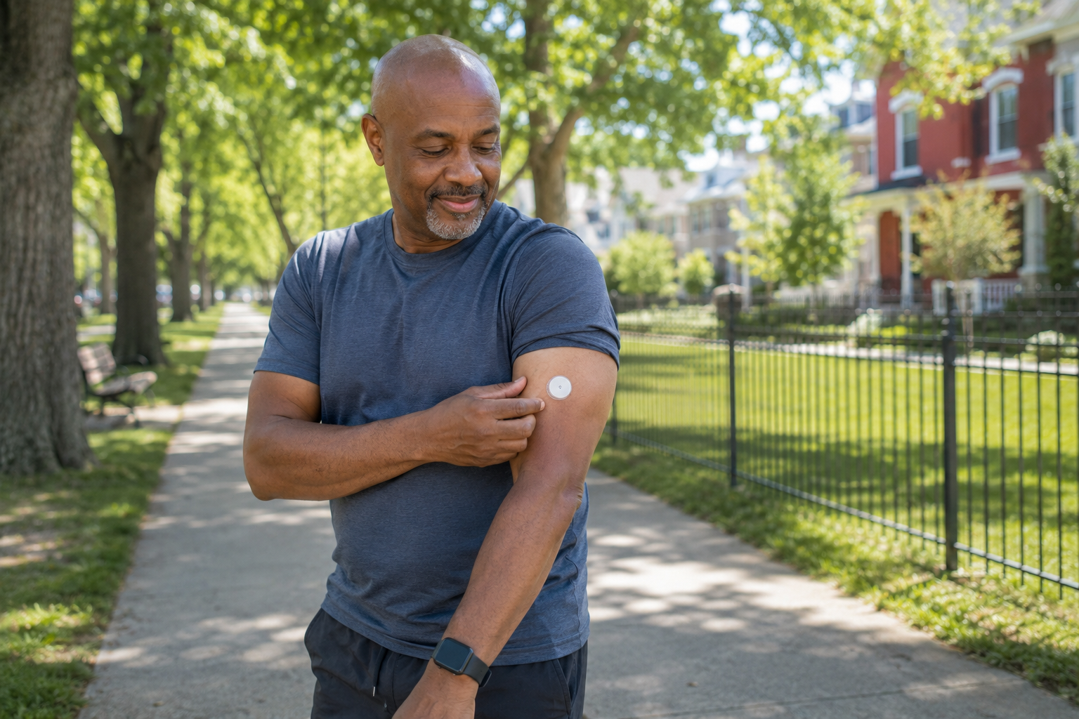 Camden resident checking a continuous glucose monitor while managing diabetes safely.