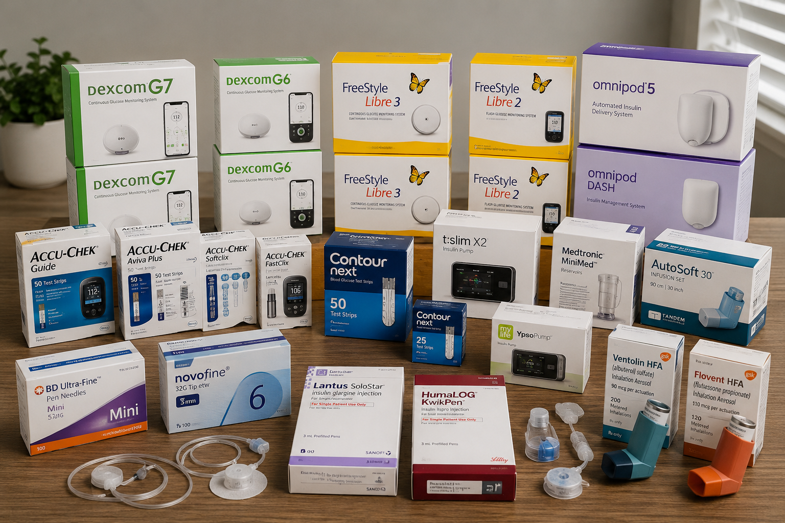 Assorted boxed healthcare products and test kits arranged on a table in a store or clinic display.