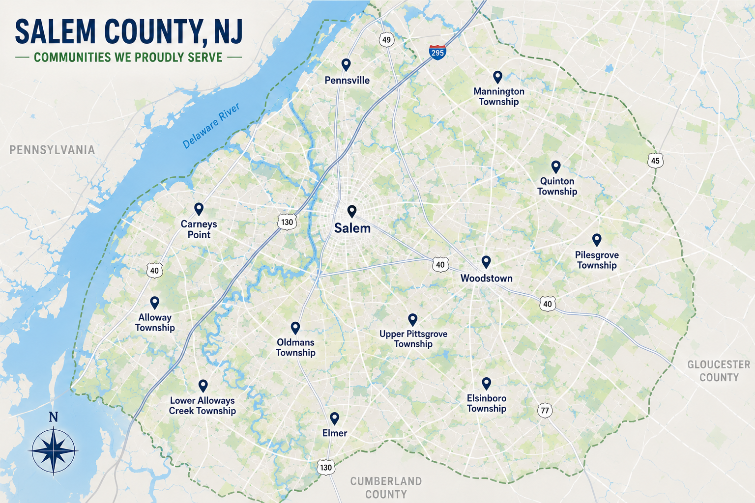 Map of Salem County, NJ with towns marked on a light green and blue background