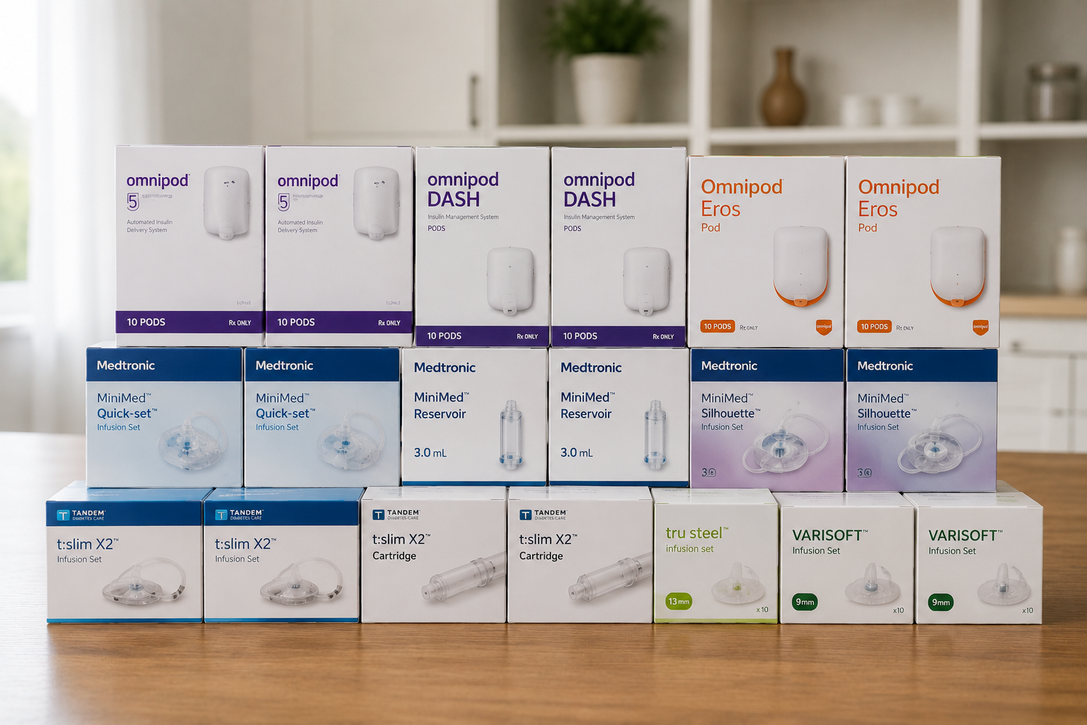 Stacked skincare product boxes on a wooden table in a bright room, in white, blue, and orange packaging.