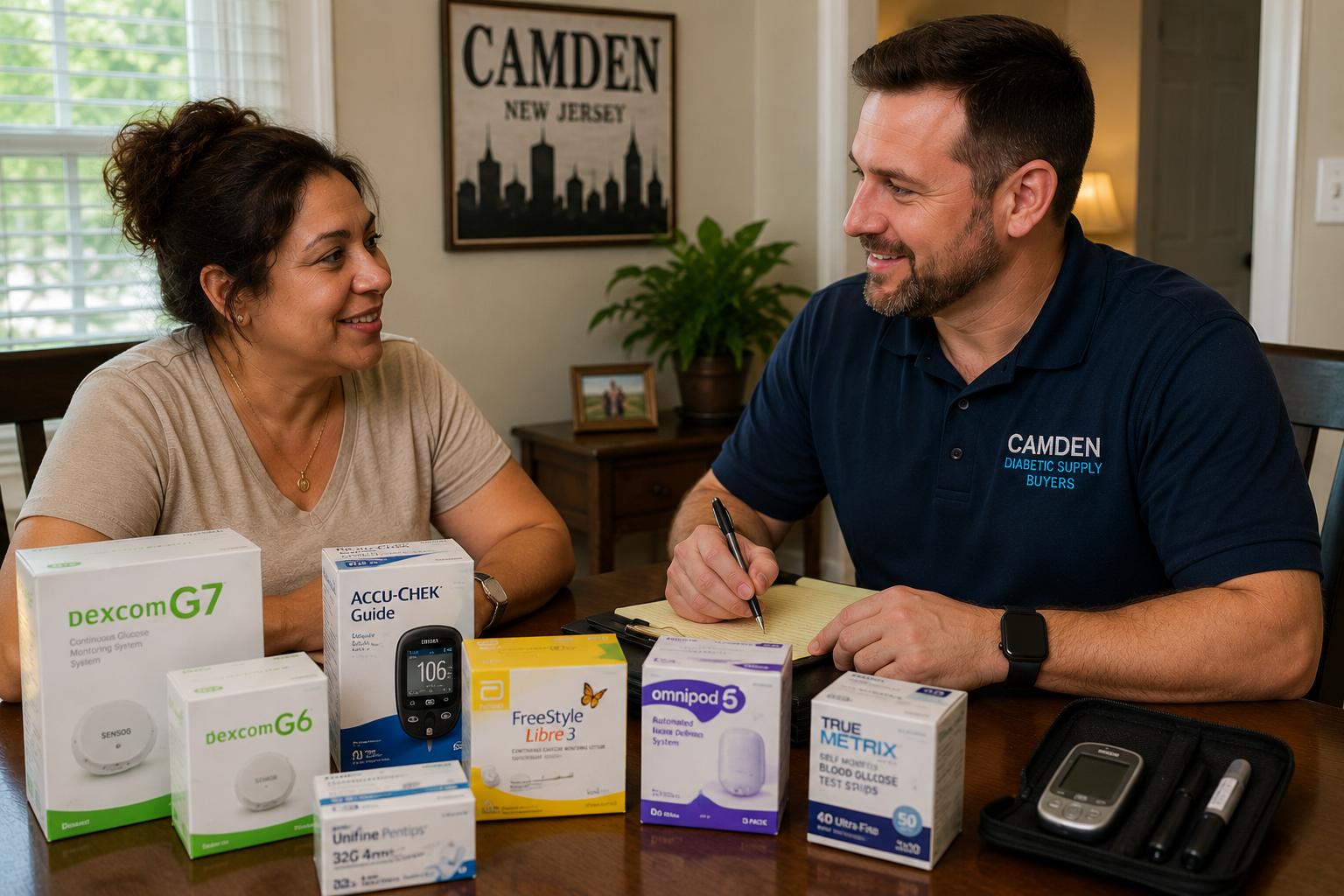 Two people chatting at a table with supplement boxes and a blood pressure monitor in a home setting
