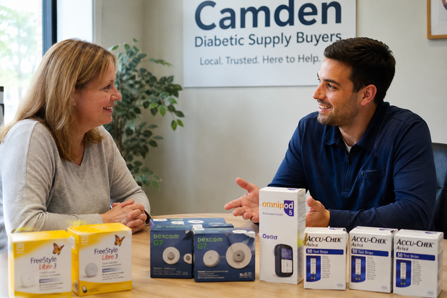 Assorted CGM and glucose monitoring boxes and devices displayed on a table