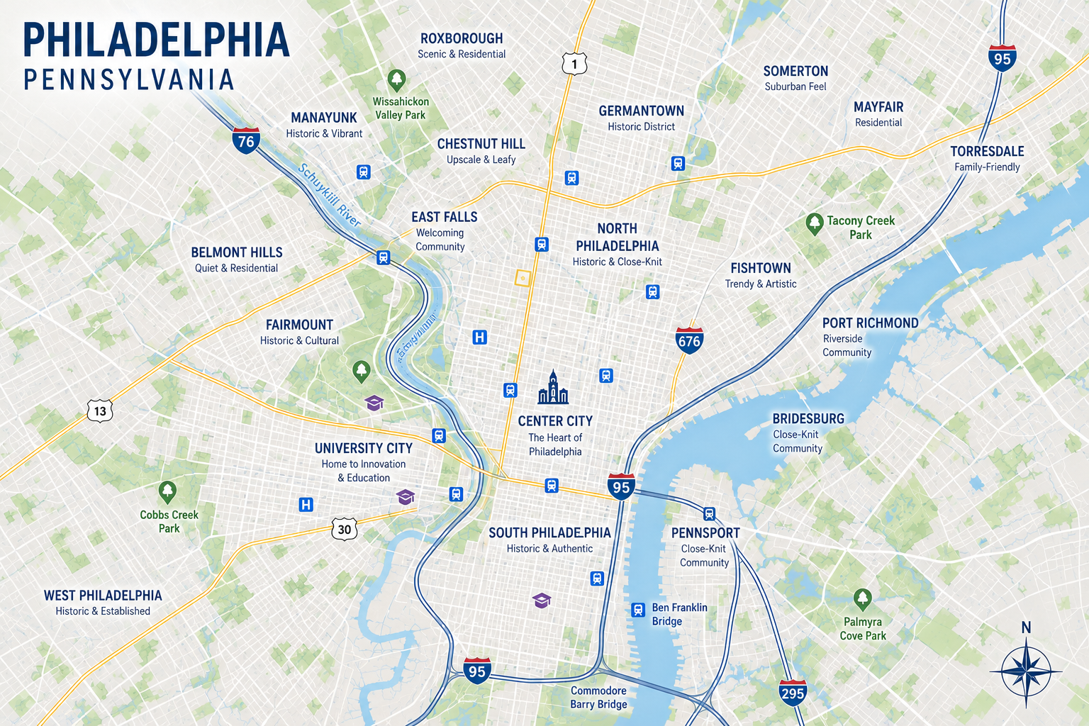Map of Philadelphia, Pennsylvania with city neighborhoods, roads, and the Delaware and Schuylkill rivers.