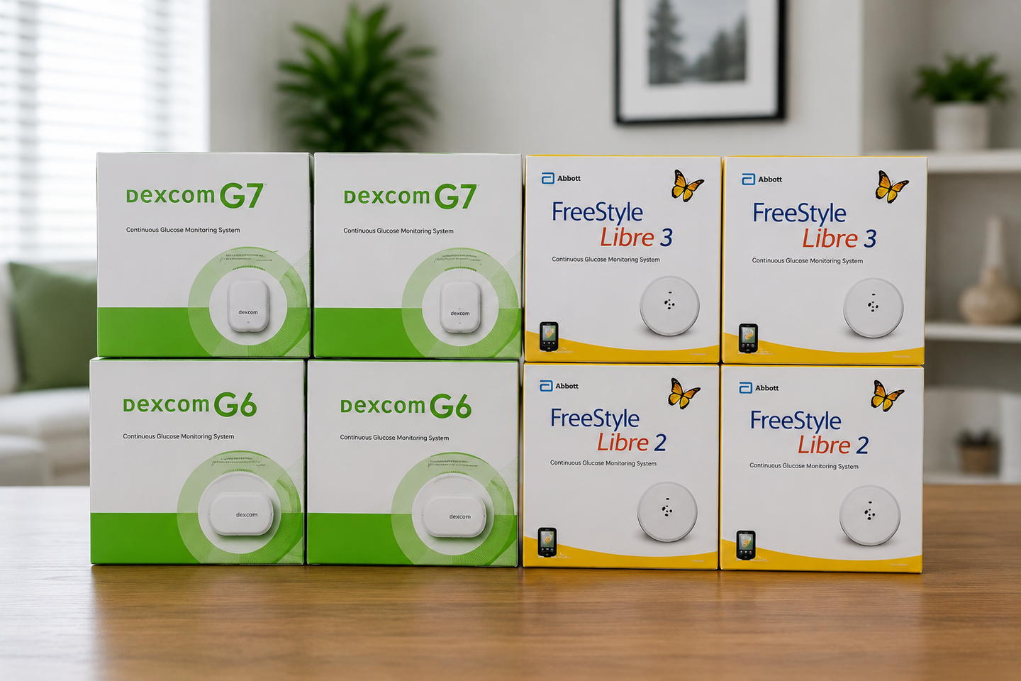 Eight glucose meter boxes in green and white on a wooden table in a bright room.