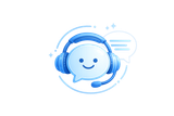 Blue smiling chat bubble wearing a headset with a microphone, with speech bubbles in the background