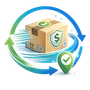 Eco-friendly shipping box with dollar shield and circular arrows, green check marks on a white background