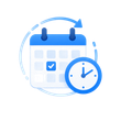 Blue calendar icon with a checkmarked date and clock, suggesting scheduling or reminders