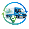 Blue delivery truck with shield and checkmark, suggesting secure, insured shipping.