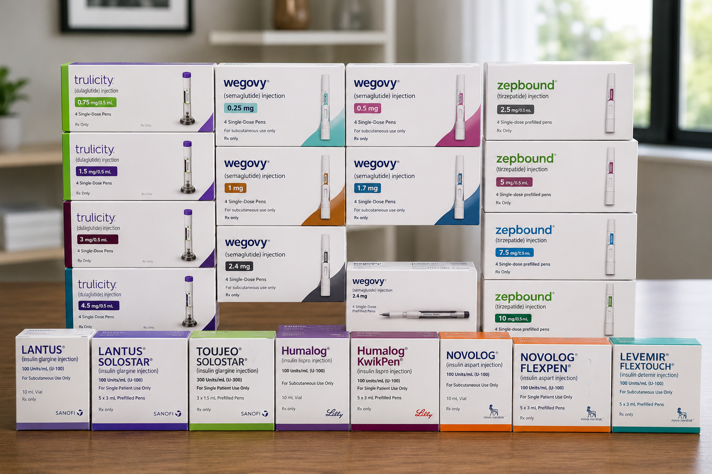 Stacked colorful product boxes displayed on a shelf in a store or pharmacy.