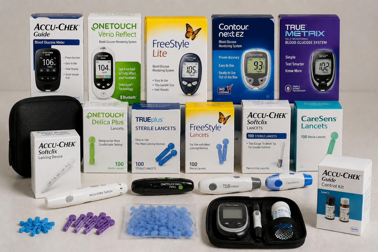 Assortment of diabetic testing supplies and glucose meters with boxes, lancets, and test strips on a table
