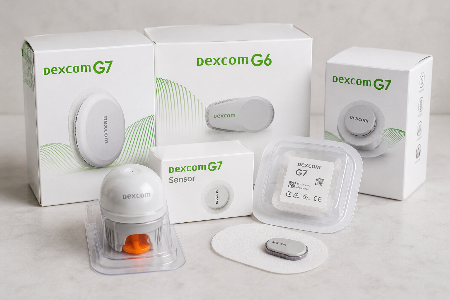 Dexcom G6 and G7 diabetes sensor and receiver boxes displayed with devices on a white surface