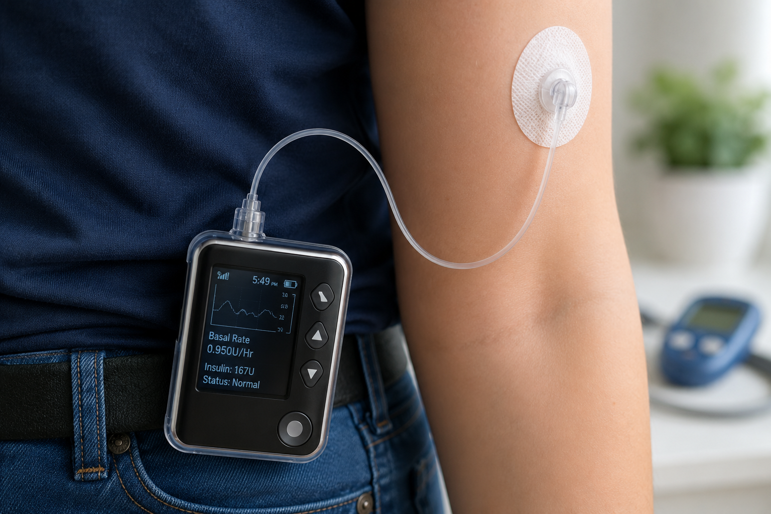 Close-up of an insulin pump and infusion set used for diabetes management.