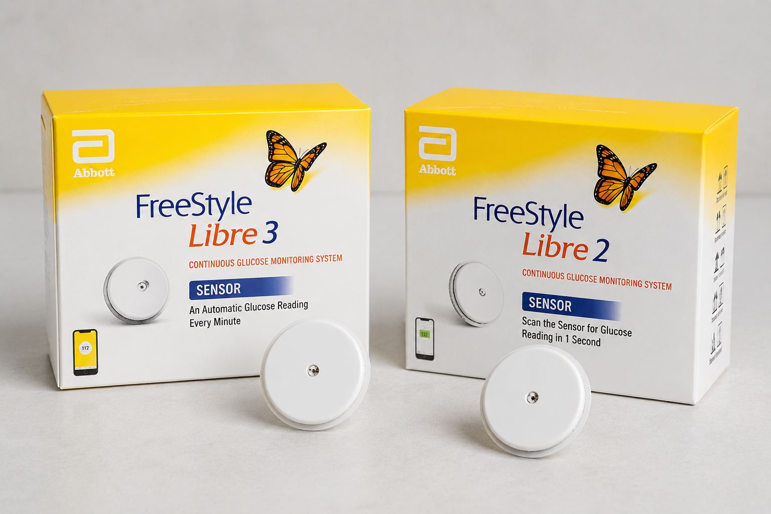 Two FreeStyle Libre glucose monitor boxes with round white sensors on a white background.