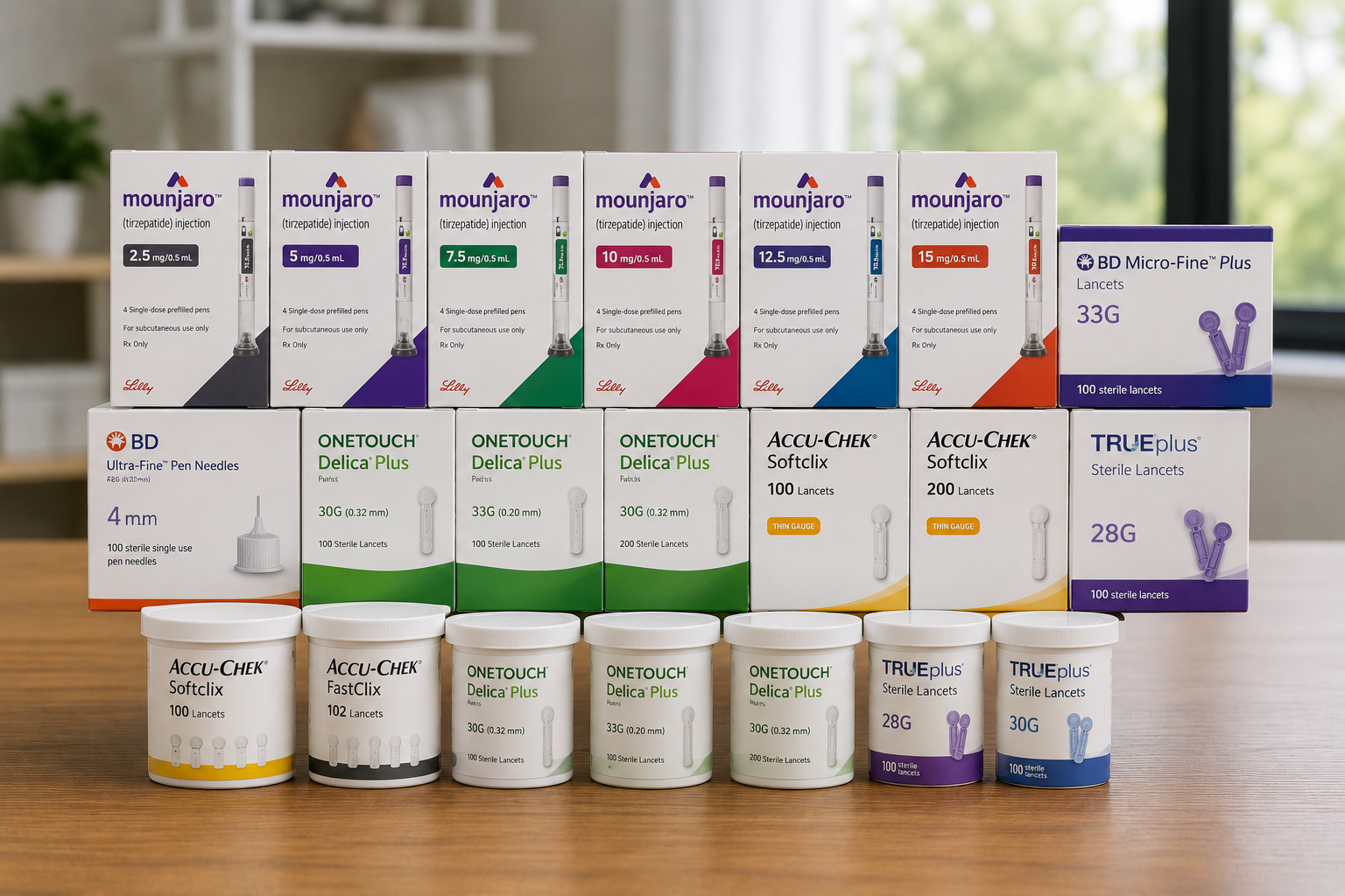 Assorted medicine and supplement boxes and jars arranged on a table, white packaging with green, purple, and orange accents