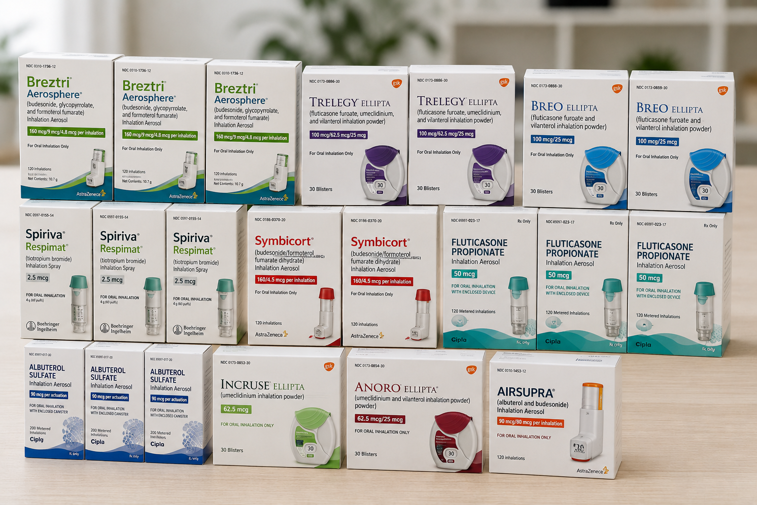 Assorted skincare product boxes and tubes arranged in rows on a wooden surface