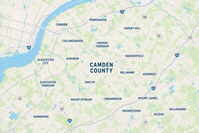 Map of Camden County with towns and roads near a waterfront area.