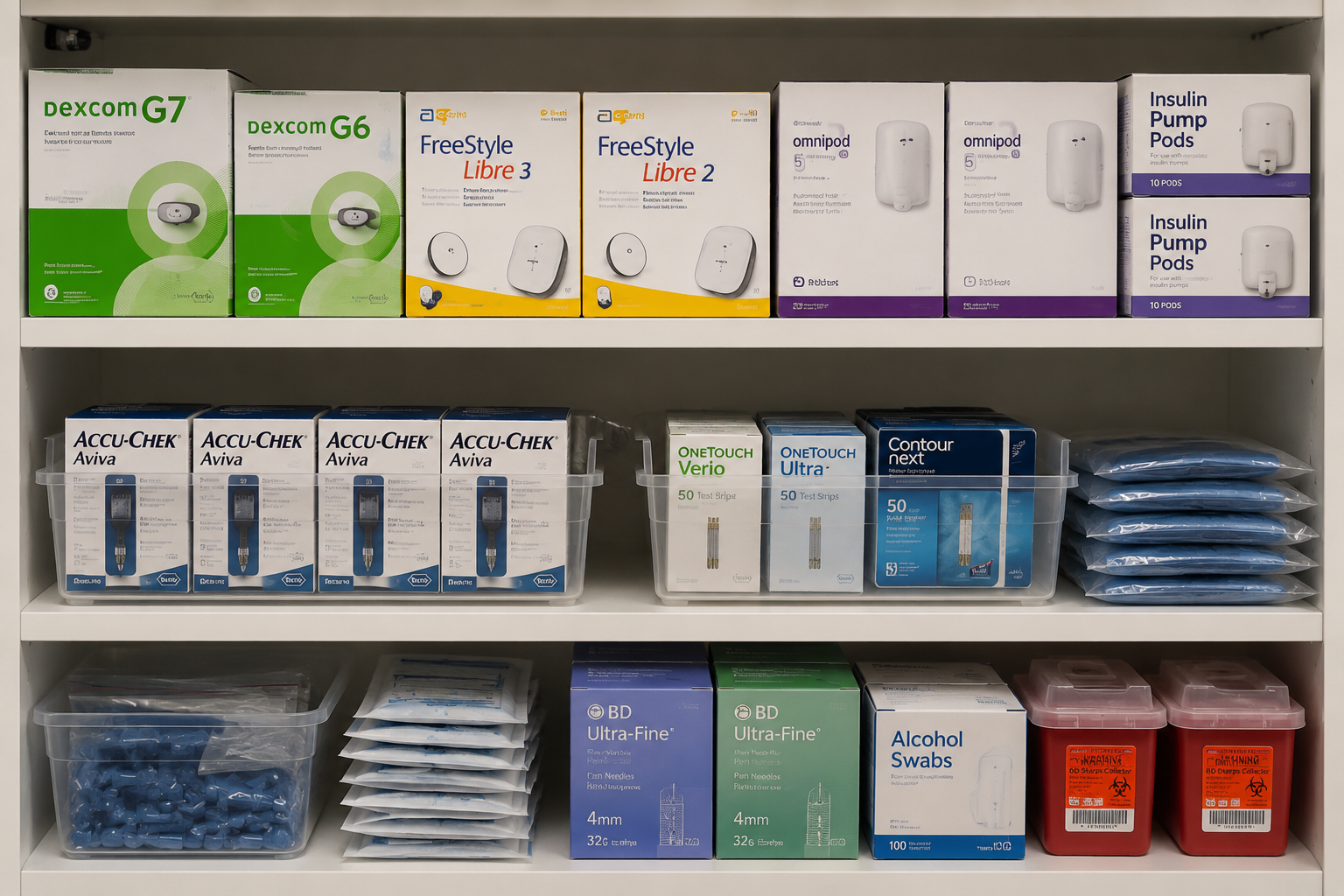 Shelves stocked with assorted medical supplies and boxed products in a store or clinic.