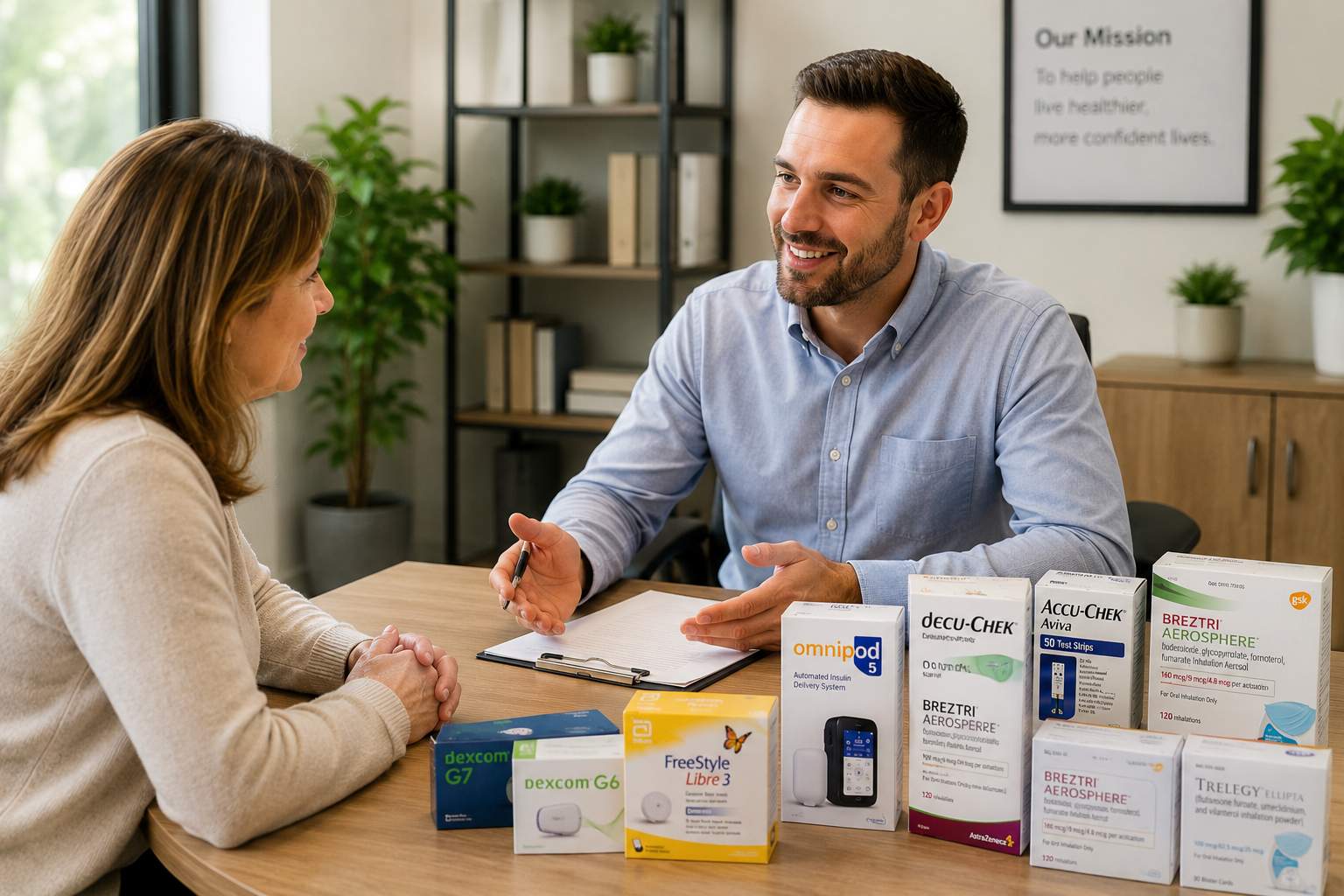 Two people talking at a desk with health product boxes displayed in a bright office.